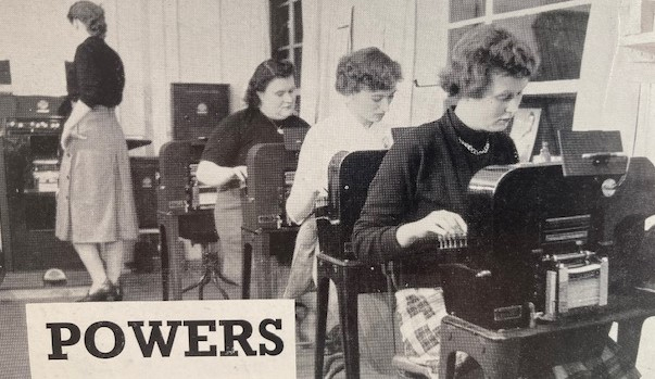 Photo from an article about the 'Powers Punched Card Accounting System' introduced in 1953. "A trained operator can punch up to 500 cards per hour."
Photo: Morlands Magazine, Spring 1953