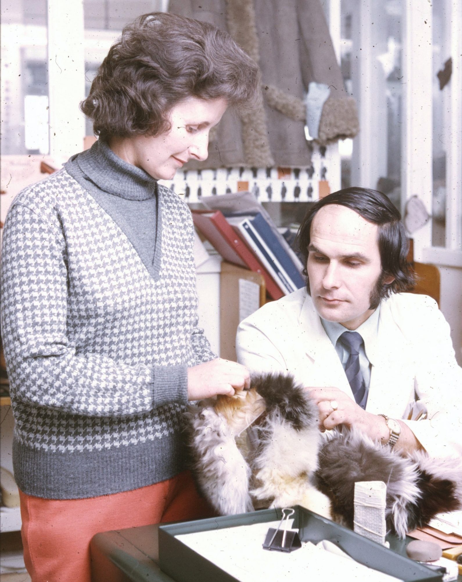 Inspecting colour samples, Morlands, 1977 Photo: Howard Stone