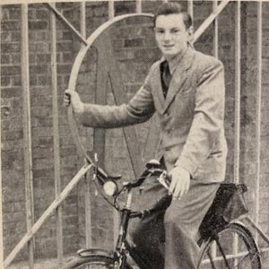 Philip Chedzey arrives at Morlands by bike Photo: Morlands Magazine, Summer 1954