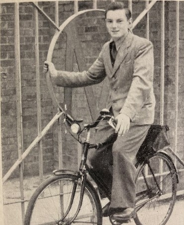 Philip Chedzey arrives at Morlands by bike
Photo: Morlands Magazine, Summer 1954
